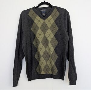 Garret Scott Extra Fine Merino Wool Gray Argyle V Neck Sweater Sz S Preppy